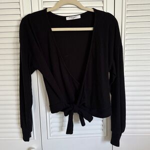 Project Social T Black Ribbed Tie Front Long Sleeve Top